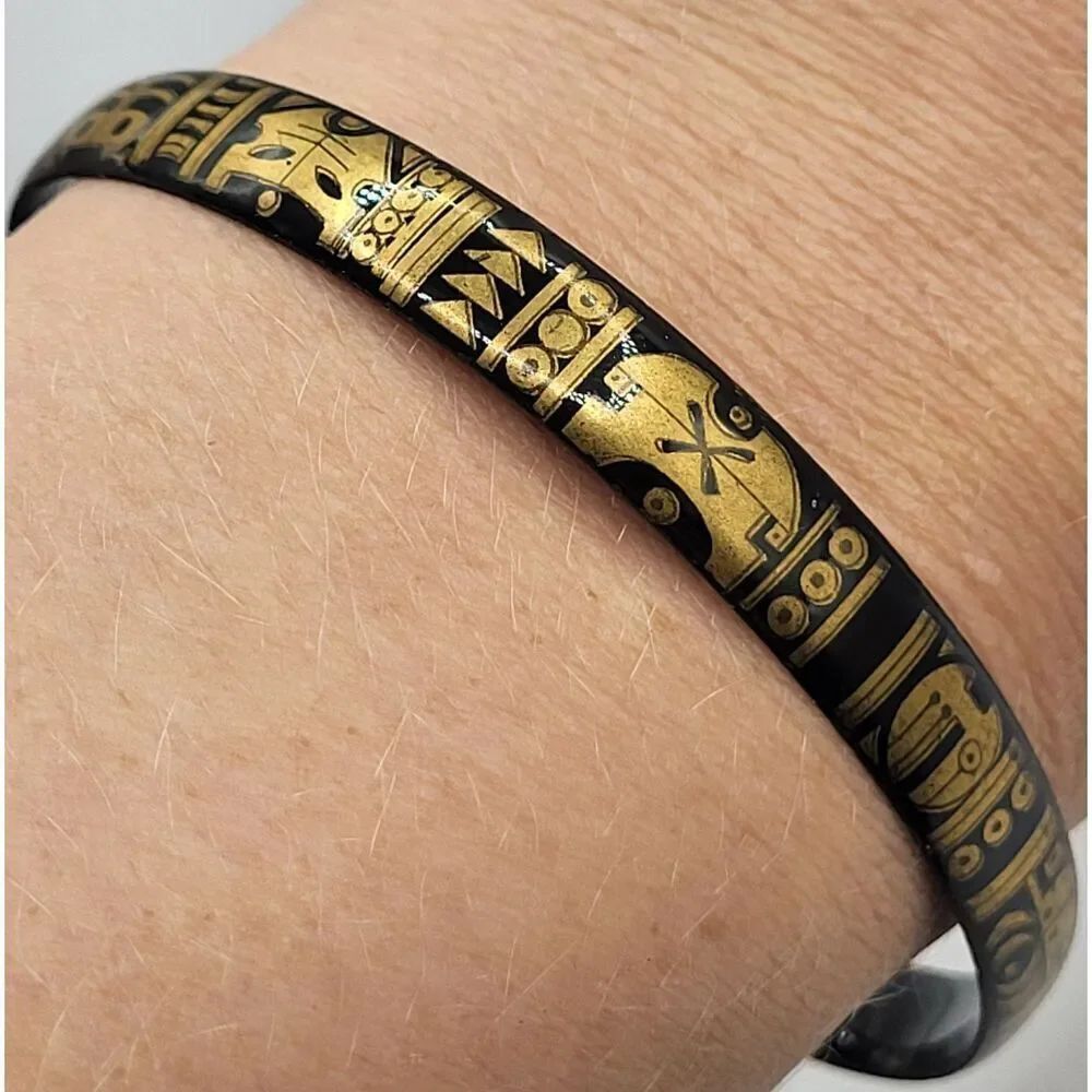 Damascene Egyptian Style Enamel Beaded Bracelet Signed 2.6in dia